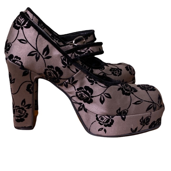 Vintage 90s Taupe Satin With  Velvet Floral Print Chunky Heeled Maryjanes - Picture 5 of 14